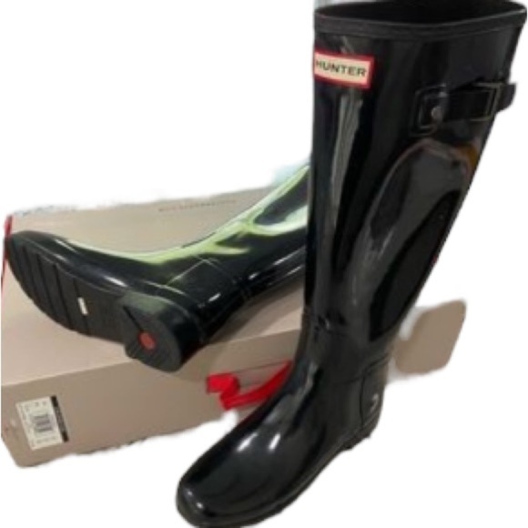 Hunter Tour Tall Patent Leather Black Women's Boots Sz 7 US EU 38 - Picture 2 of 12